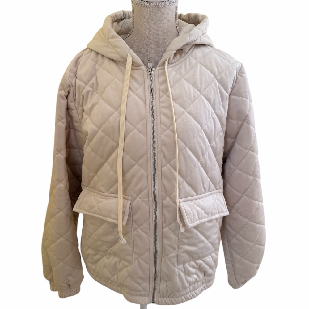 BiBi Cream Quilted Velvet Hooded Zip Front Jacket L